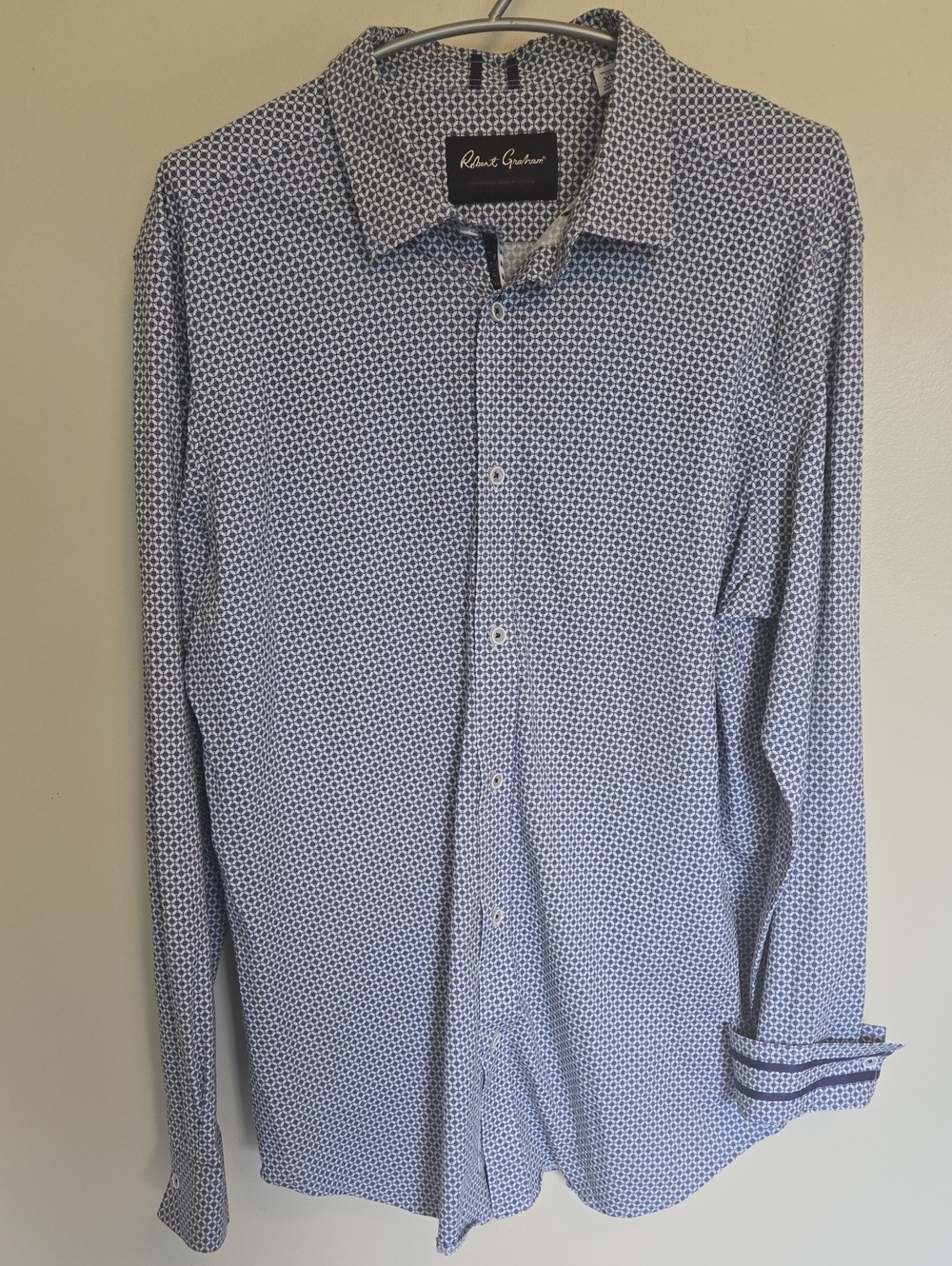 Robert Graham Button Down Shirt Long Sleeve Blue White Geometric XL Point Collar